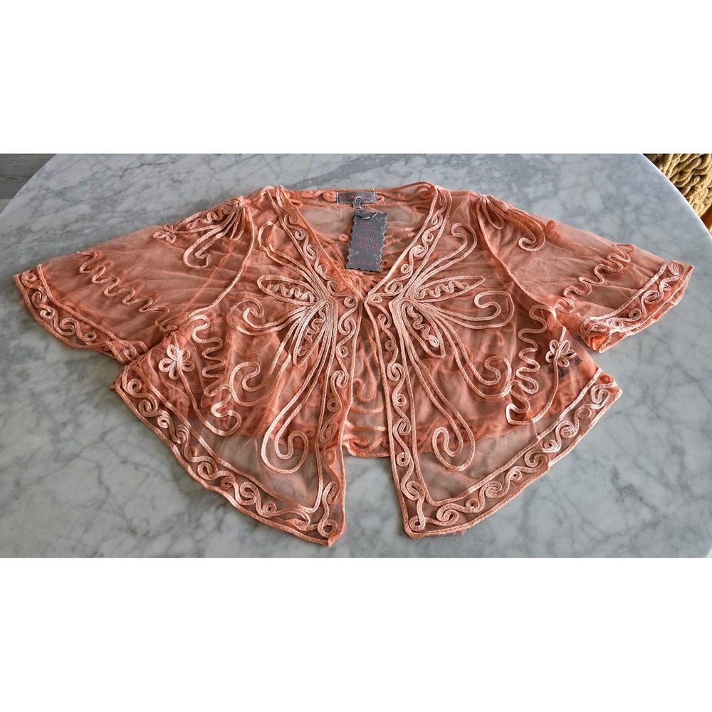 Pretty Angel Peach Silk Blend Soutache Embroidered Mesh Bolero Shrug XL NEW